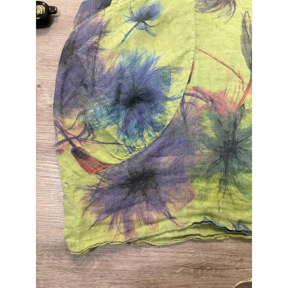 Green 100% Italian Linen Watercolor Floral Lagenlook Hobo Grunch Dress 0S Bubble